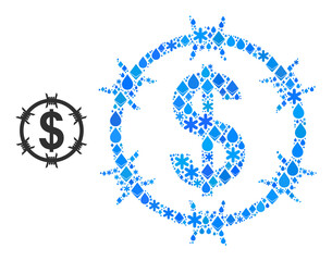 Vector crystal blue water mosaic barbed wire dollar icon. Barbed wire dollar mosaic is formed of crystal elements, water drops, snow flakes.