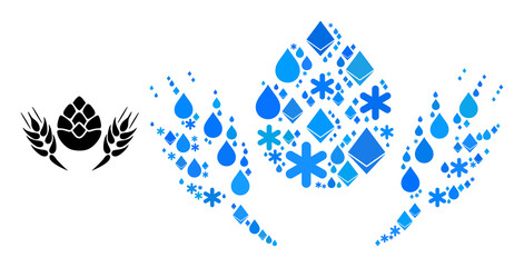 Vector ice blue water mosaic barley beer icon. Barley beer mosaic is done with ice items, liquid drops, snow flakes. Ice related elements are grouped into abstract collage barley beer icon.