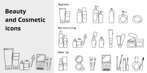 Set of Hygiene, Skincare and Make-up products icon. Beauty and Cosmetic concept line icons collection. Vector illustration.
