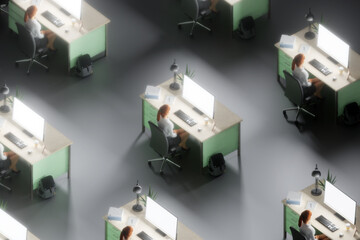 3D work concept - woman on desk looking at computer screen