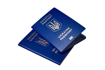 Ukrainian passport isolated on white. Ukrainian passports for traveling to other countries. Biometric passport of a citizen of Ukraine. Close up international passport.