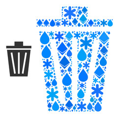 Vector ice blue water collage bucket icon. Bucket collage is designed with ice parts, water drops, snow flakes. Frost related parts are grouped into abstract mosaic bucket icon.