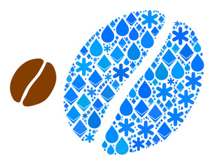 Vector fresh blue water mosaic cacao bean icon. Cacao bean collage is created with mineral parts, water drops, snow flakes. Frost related parts are grouped into abstract mosaic cacao bean icon.