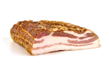 Homemade Bacon, dry cured and air dried, pork belly, smoked pork meat, delicacy food in Ukrainian cuisine, isolated on white background