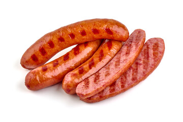 Grilled pork sausages, isolated on white background.