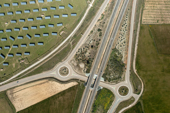 highway and solar farm seen from above