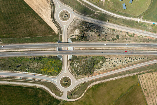 Aerial view of highway with roundabouts 
