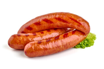 Grilled bratwurst sausages, isolated on white background.