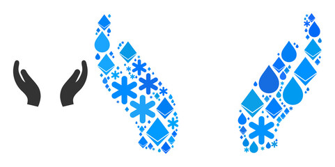 Vector crystal blue water collage care palms icon. Care palms collage is composed of ice items, liquid drops, snowflakes. Ice related elements are arranged into abstract mosaic care palms icon.