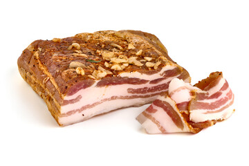 Homemade Bacon, dry cured and air dried, pork belly, smoked pork meat, delicacy food in Ukrainian cuisine, isolated on white background