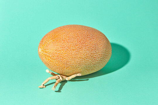 Big ripe fresh melon crushed wooden mannequin model.