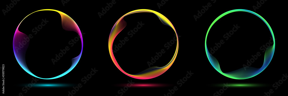 Poster set of glowing neon color circles round curve shape with wavy dynamic lines