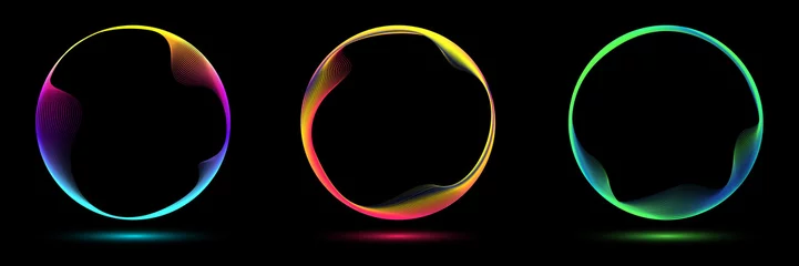 Fotobehang Set of glowing neon color circles round curve shape with wavy dynamic lines © phochi