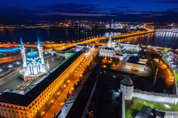 Panoramic city of Kazan Kremlin Kul Sharif mosque islam republic sunset Russia, aerial top view