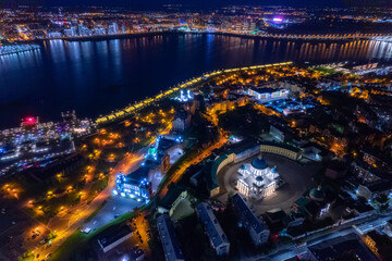 Panorama night city Kazan kremlin and Kul Sharif mosque Russia, aerial top view