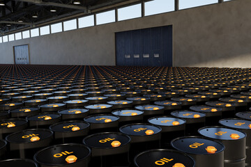 Oil Barrels Drums Stored In Warehouse, 3D rendering