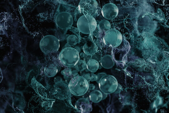 Abstract 3D Rendering of Flying Spheres 