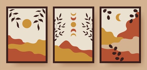 Aesthetic and boho poster set. Set with leaves, mountains, sun and moon.Abstract contemporary aesthetic backgrounds. Boho wall decor. Modern art print. Flat design for book cover, poster, banner, broc