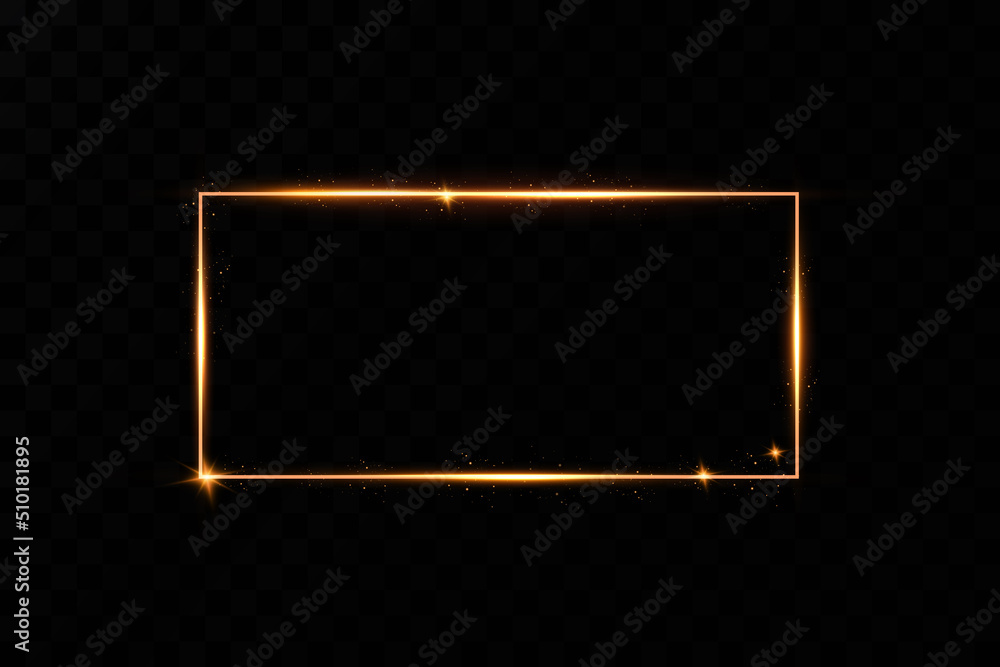 Poster golden frame with lights effects. shining rectangle banner. isolated on black transparent background
