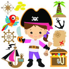 Cute pirate girl vector cartoon illustration