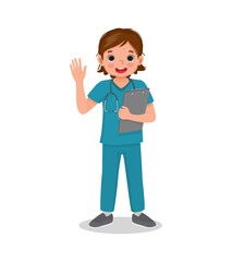 cute little girl wear nurse uniform holding clipboard waving hand. Job and occupation concept for education purpose
