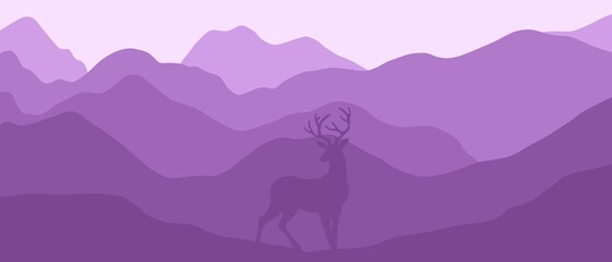 Amazing minimalist landscape with reindeer. Stunning views of the mountains. Deer in the mountains. Landscape with mountains and deer. Beautiful background with mountains and deer in minimalist style.