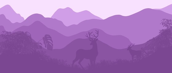 Amazing minimalist landscape with reindeer. Stunning views of the mountains. Deer in the mountains. Landscape with mountains and deer. Beautiful background with mountains and deer in minimalist style.