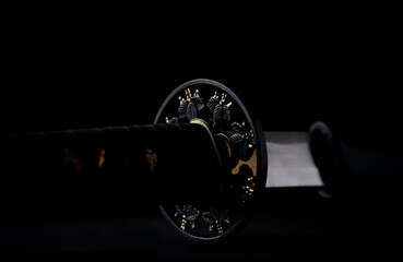 Wakizashi Sword on black background. (Close up)