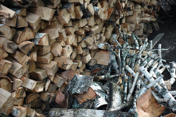 stack of birch chopped firewood
