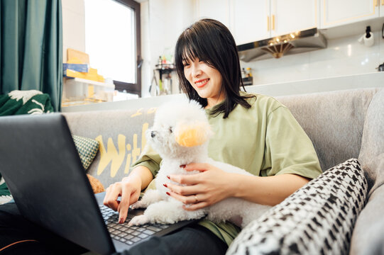 Young woman using laptop with her pet dogs