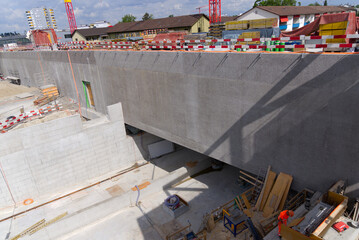 Aerial view of highway enclosure construction site with subway at City of Zürich on a sunny spring day. Photo taken May 16th, 2022, Zurich, Switzerland.
