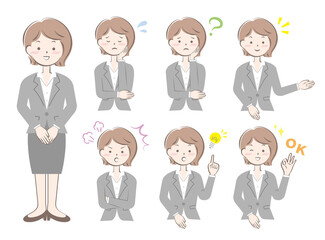 スーツ姿の女性の表情　ポーズ　セット