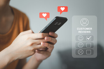 Customer review satisfaction feedback survey concept, User give rating to service experience on online application, Customer can evaluate quality of service leading to reputation ranking of business