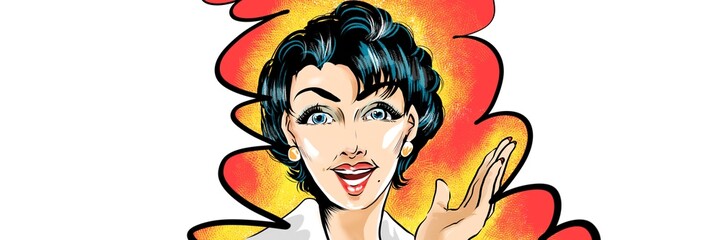 60年代レトロアメコミ青い髪の美熟女が指をさして大袈裟に宣伝をするイラスト