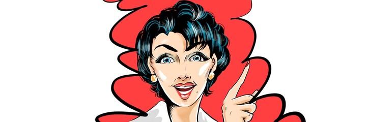 Fototapeta premium 60年代レトロアメコミ青い髪の美熟女が指をさして大袈裟に宣伝をするイラスト