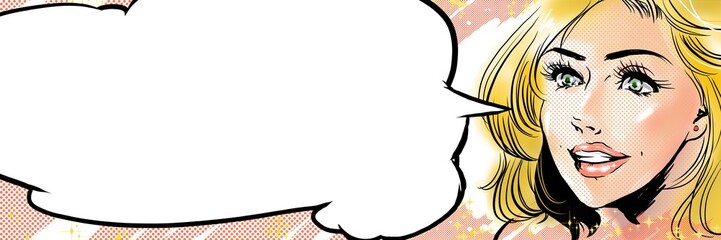 American comic book style color illustration of a sexy American smiling blonde beauty with speech bubble.	
