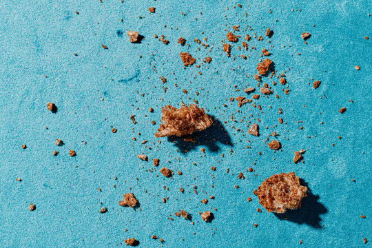 pieces and crumbs of a brown bread bun