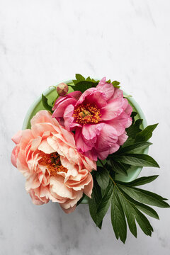 centerpiece of pink and coral peonies 