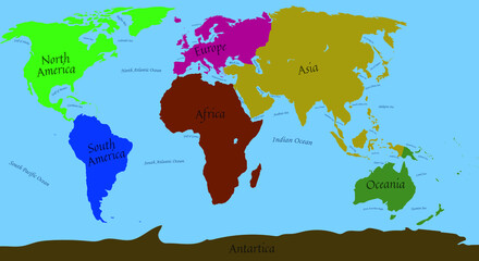 Map of Continent Asia Europe Africa Antarctica Oceania North America and South America with All sea and ocean names