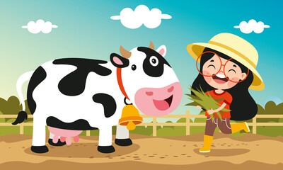 Cartoon Kid Feeding A Cow