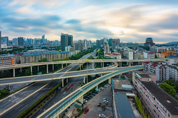 Fototapeta na wymiar The urban skyline of Nanning, Guangxi, green bamboo interchange and Yongzhou Pavilion at sunrise