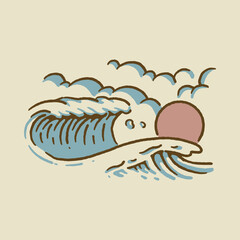 Great wave and good sunset in summer graphic illustration vector art t-shirt design