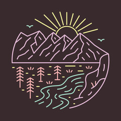 Nature with good view of mountains, river, and sunrise graphic illustration vector art t-shirt design