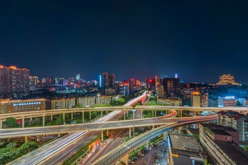 Nanning city night skyline, Qingzhu interchange and Yongzhou Pavilion, Guangxi