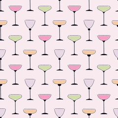 Vector seamless pattern with elegant textured wineglasses.Sketch.Retro style.
