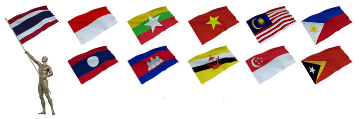 3D Render : bronze male dummy model is holding and waving the flag of the country of South East Asia Nation group to cerebrate an important event ,provided with adjustable graphic resources flags  
