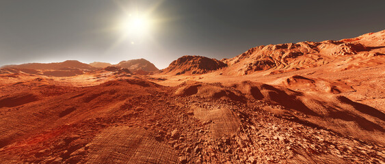 Mars planet landscape, 3d render of imaginary mars planet terrain, orange eroded desert with mountains and sun, realistic science fiction illustration. © Cobalt