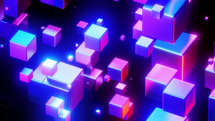 Abstract background 3D, many cubes with neon purple blue glow on black interesting science technology background, 3D render illustration.
