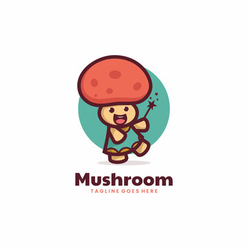Vector Logo Illustration Mushroom Doll Mascot Cartoon Style.