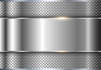 Silver metallic background, shiny and lustrous metal banner with diamond plate texture, 3D chrome glossy vector illustration.